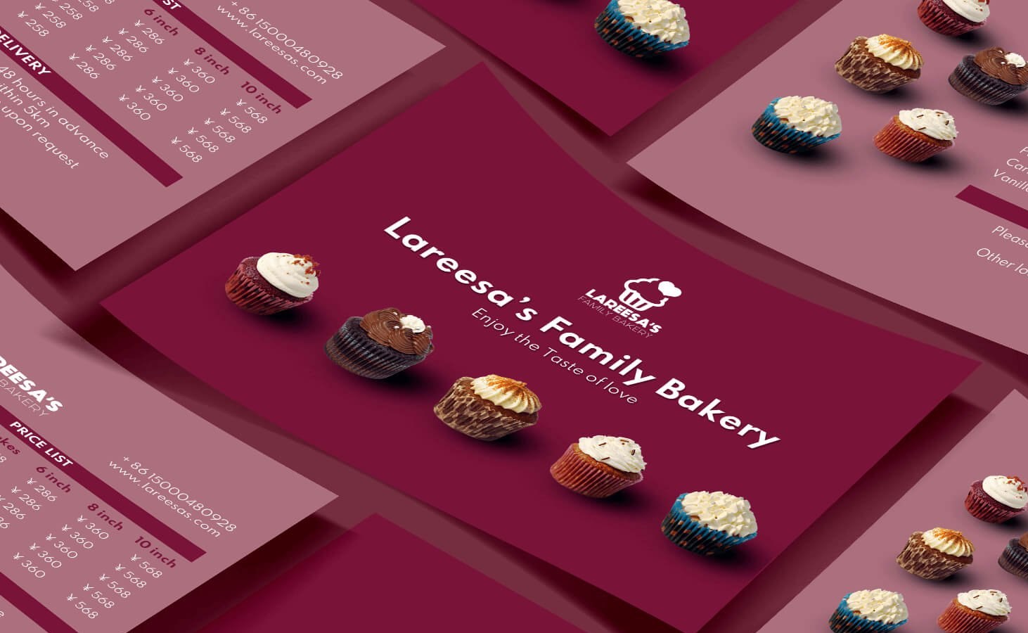 Lareesa's Family Bakery brand cards and price list