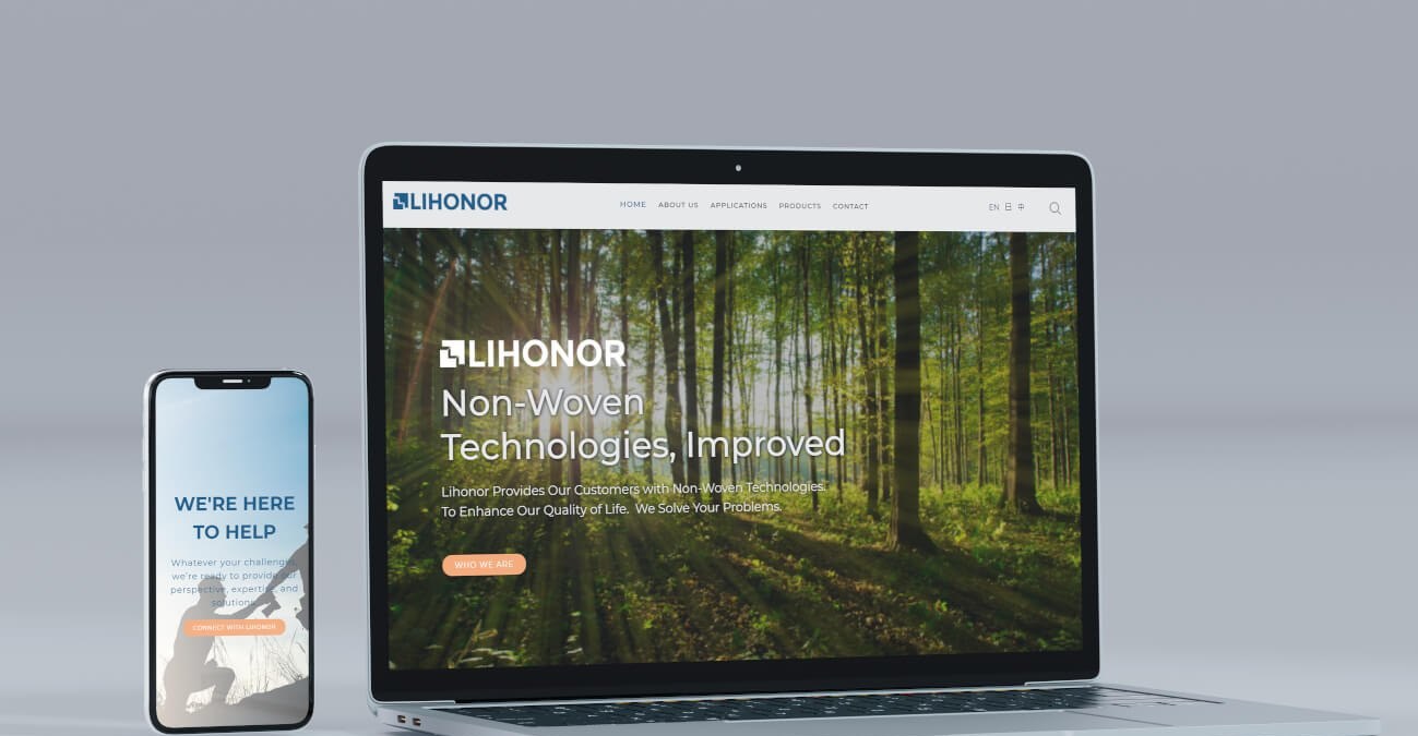 Lihonor non-woven filtration website shown on a laptop and phone